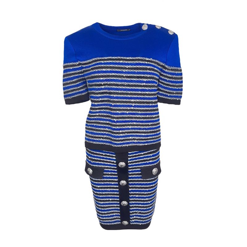Balmain Blue Black Silver Striped Knit Top 40 Skirt 36 - 1