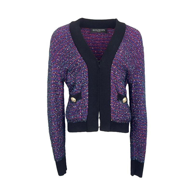 Balmain Purple Sequin Stripe Tweed Croched Knit Cardigan 40 - 1