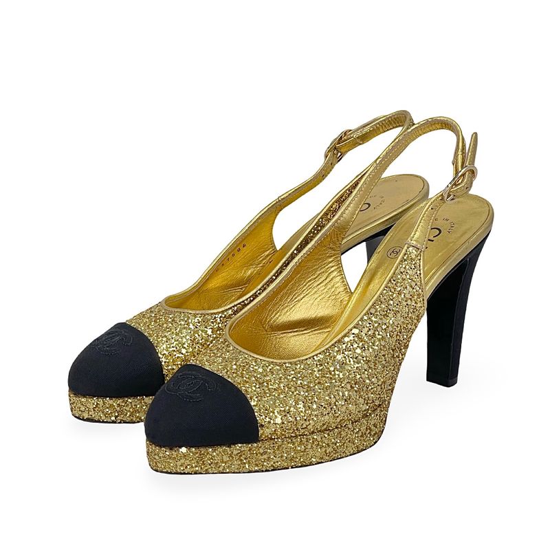 Chanel Gold Glitter Grosgrain Cap Toe CC Slingback Pumps 39C - 1