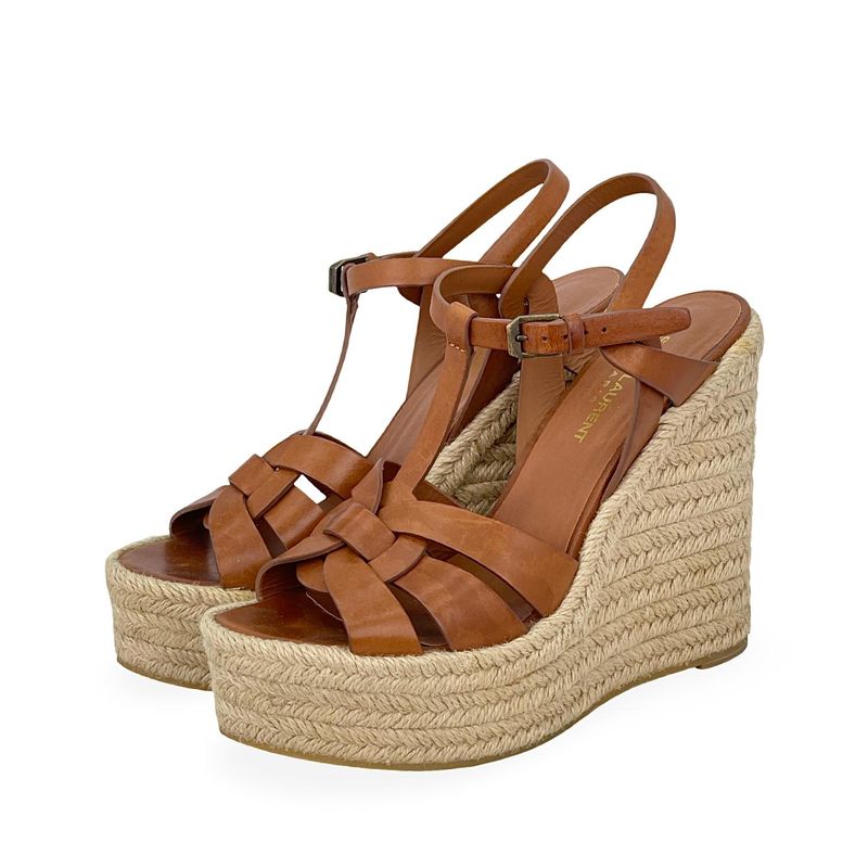 Saint Laurent Tan Leather Tribute Espadrille Wedge Sandals 38.5 - 1