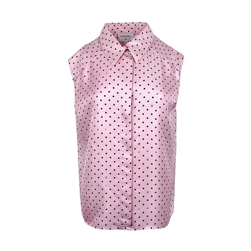 Chanel Pink Black Polka Dot Silk Sleeveless 2024 Shirt 38 - 1