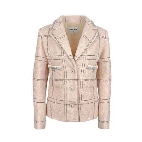 Chanel Poudre Wool Blend Silver Plaid CC Button Tweed 2021 Jacket 36 - 1