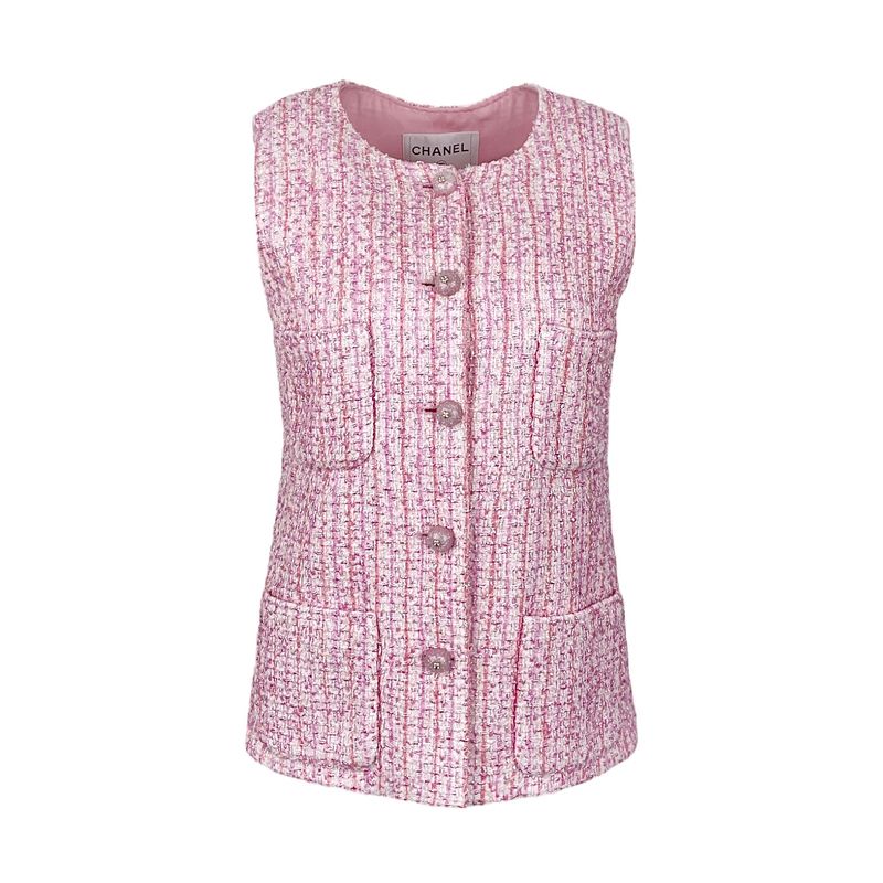 Chanel Pink Ecru Iridescent Cotton Wool Tweed 2025 Vest 36 - 1