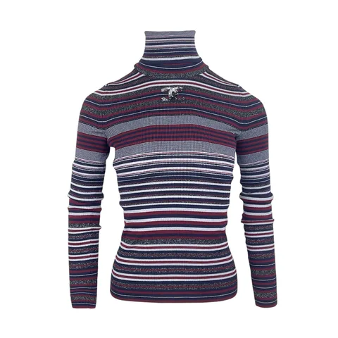 Chanel Burgundy Black White Striped CC Embellished Turtleneck Sweater 34 - 1