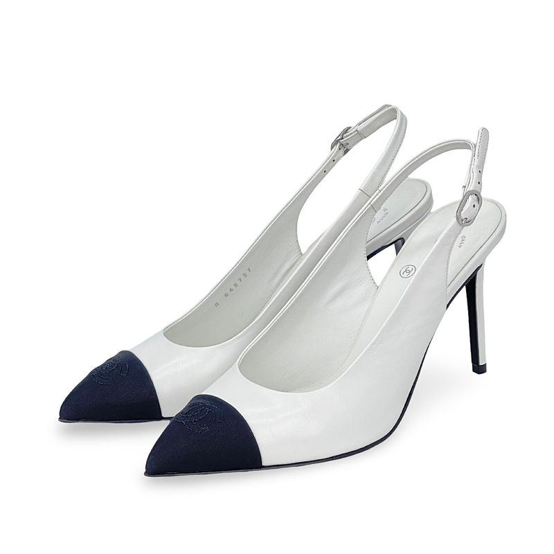 Chanel White Black Goatskin Grosgrain Pointed Cap Toe CC Slingback Pumps 39 - 1