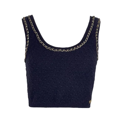Chanel Black Cashmere Light Gold Chain Trim CC 2023 Top 36 - 1