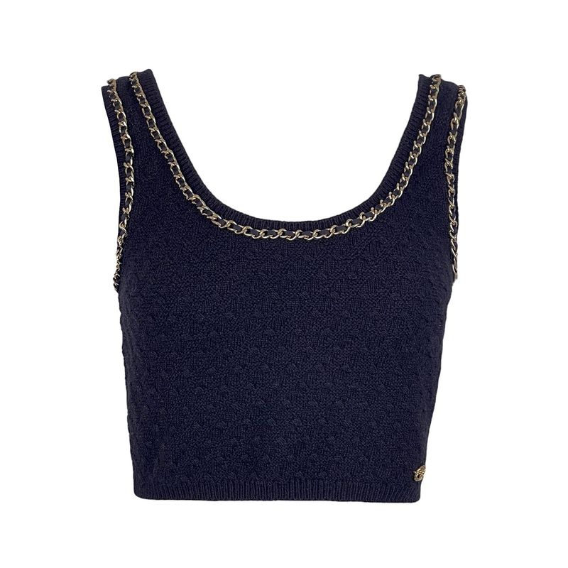 Chanel Black Cashmere Light Gold Chain Trim CC 2023 Top 36 - 1