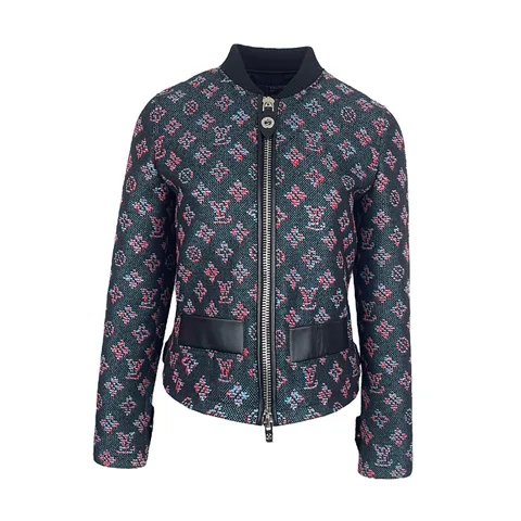 Louis Vuitton Navy Blue Red Wool Blend Monogram Jacquard Zip Up Jacket 34 - 1