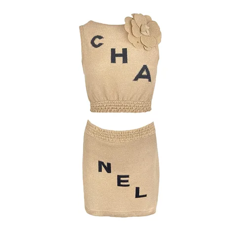 Chanel Brown Black Logo Jacquard Camellia Knit Top 36 Skirt 36