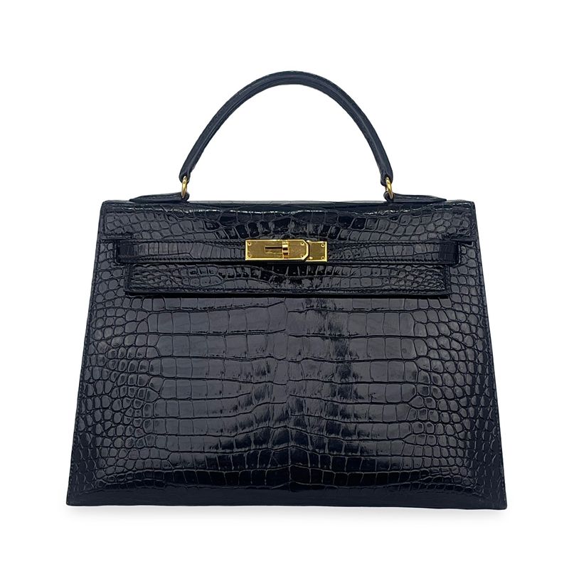 Hermes Shiny Porosus Crocodile Gold Hardware Noir Kelly 32 - 1