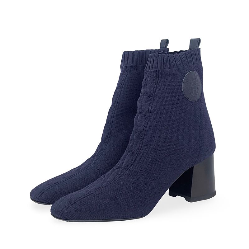 Hermes Navy Blue Knit Fabric Black Ex Libris Motif Volver Ankle Boots 39 - 1
