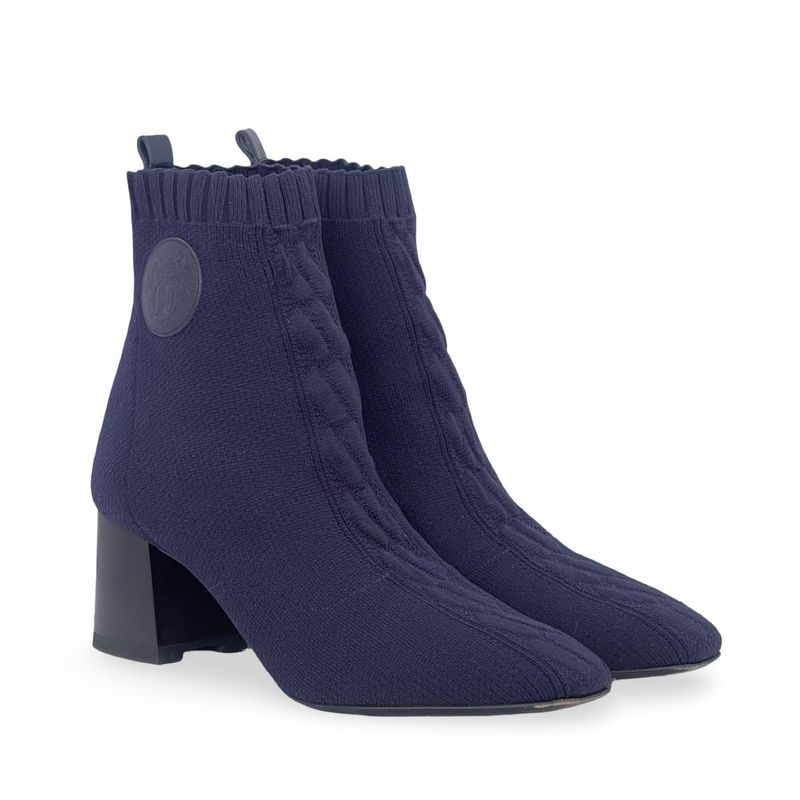 Hermes Navy Blue Knit Fabric Black Ex Libris Motif Volver Ankle Boots 39 - 3