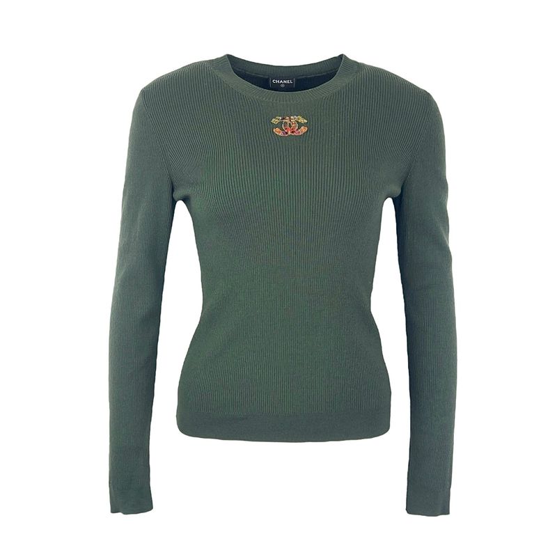Chanel Khaki Wool Multicolor CC Knit Jumper 38 - 1