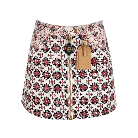 Louis Vuitton Cream Red Floral Printed Denim Mini Skirt 38 - 1