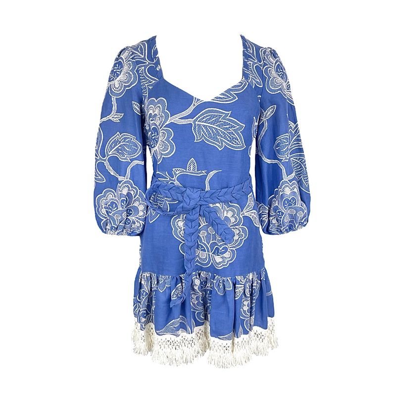 Alexis Blue White Floral Embroidered Fringed Belted Mini Dress S - 1