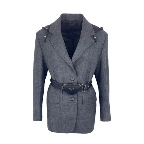 Prada Anthracite Wool Nylon Belted Hooded Jacket 36
