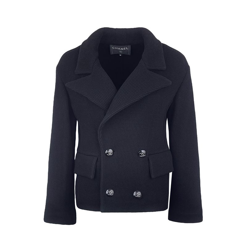 Chanel Black Cotton Waffle Knit Double Breasted 2021 Jacket 36 - 1