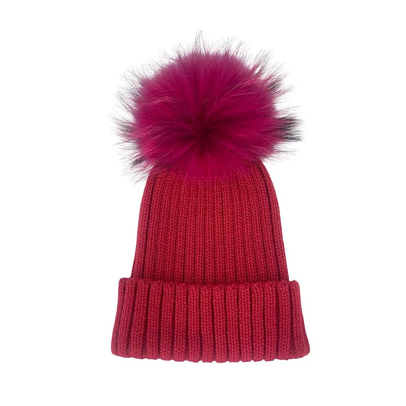 Yves Salomon Red Raccoon Fur Pom Knit Beanie - 1