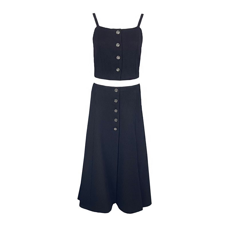 Chanel Black Polyamide Front Button 2025 Crop Top 38 Skirt 38 - 1