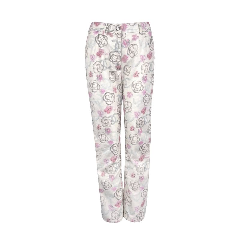 Chanel Pink White Camellia Patterned Denim 2024 Jeans 36 - 1