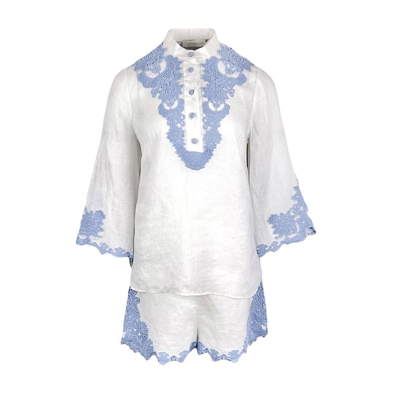 Zimmermann White Light Blue Raie Lace Trimmed Linen Blouse 1 Short 1 - 1
