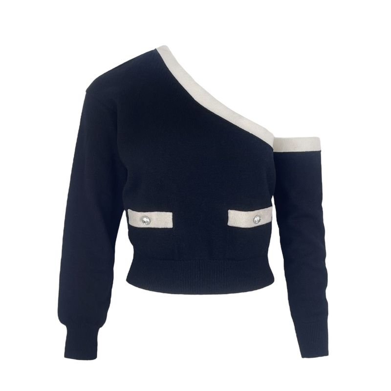 Chanel Black White Cashmere Long Sleeved One Shoulder 2023 Pullover 38 - 1