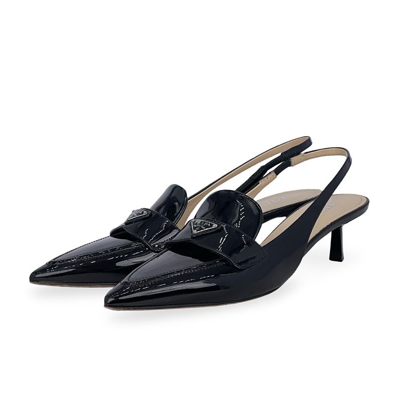 Praada Black Patent Leather Triangle Logo Slingback Pumps 38.5 - 1
