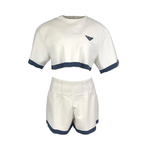 Prada White Blue Logo Cropped Denim Top IT44 Shorts IT42 - 1