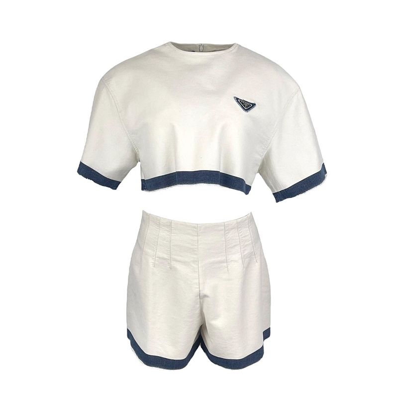 Prada White Blue Logo Cropped Denim Top IT44 Shorts IT42 - 1
