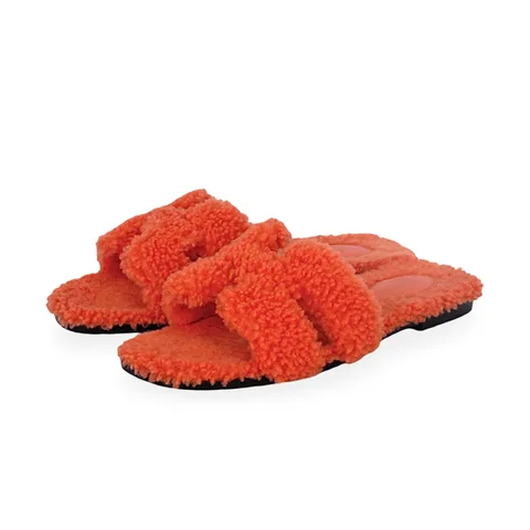 Hermes Orange Shearling Oran Sandals 39 - 1