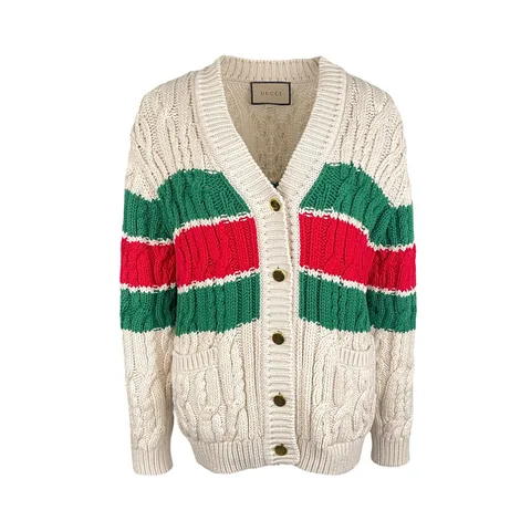Gucci Cream Web Striped Cable Knit Cotton Cardigan XS - 1
