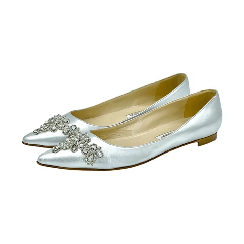 Manolo Blahnik Silver Leather Crystal Embellished Ballet Flats 38.5 - 1