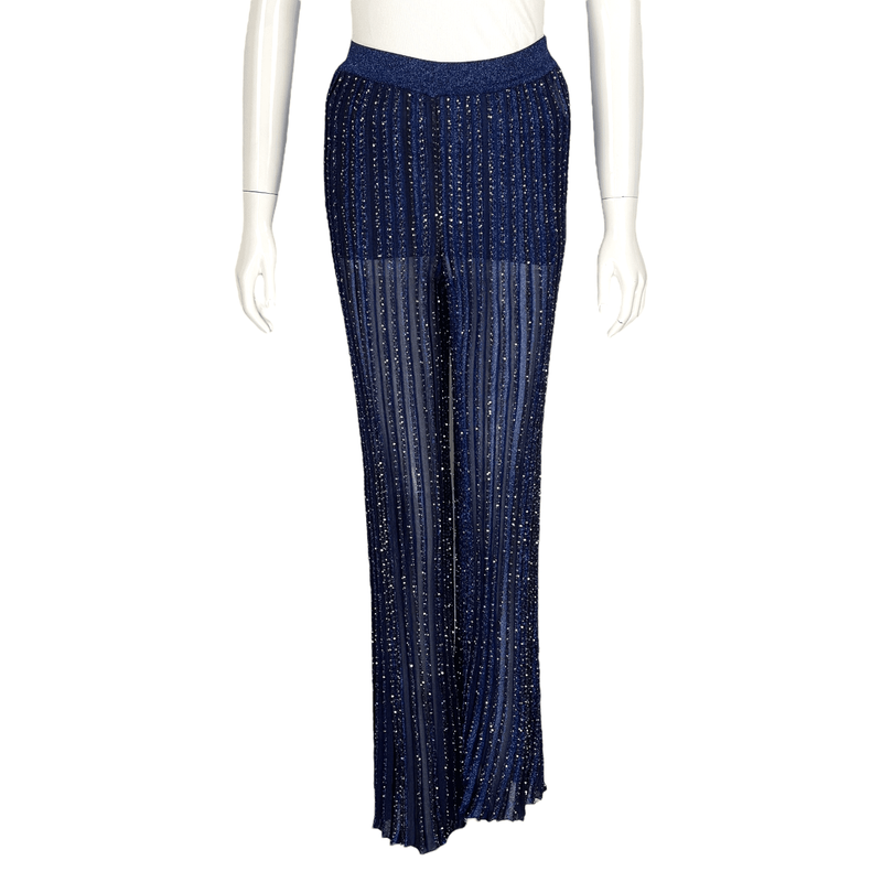 Missoni Navy Blue Embellished Plated Metallic Stretch Knit Wide Leg Pants IT40 - 1