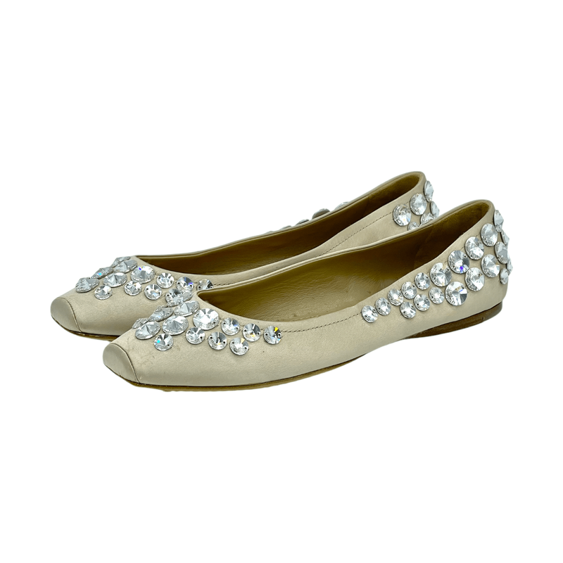 Miu Miu Beige Satin Crystal Embellished Ballet Flats 38.5 - 1