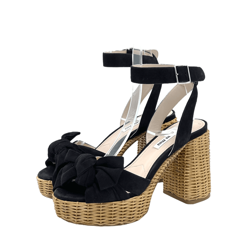 Miu Miu Black Suede Bow Wicker Platform Sandals 36.5 - 1