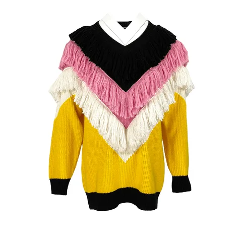 MSGM Yellow Knit Multicolor Fringe Sweater XS - 1