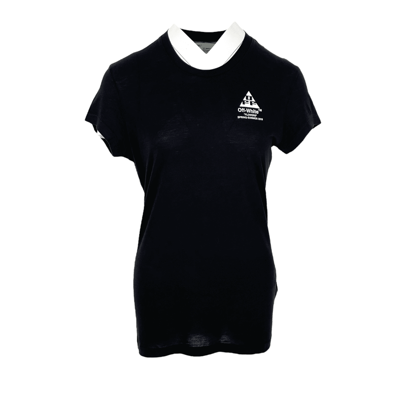 Off White Black Cotton Flower Patterned Tshirt S - 1