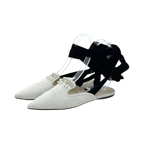 Attico Elena Ecru Beaded Canvas Ankle Wrap Flat 38
