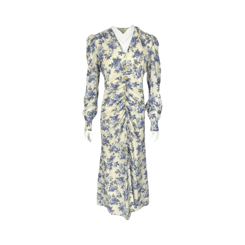 Alessandra Rich White Blue Silk Rose Print Midi Dress IT42 - 1