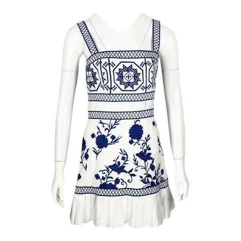 Alexis Asteria Floral Embroidery Pleating Blue Dress S - 1