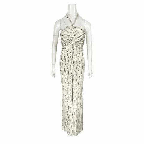 Alexis Sydow Chain Print Sleeveless Wide Leg Halter Cream Jumpsuit S - 1