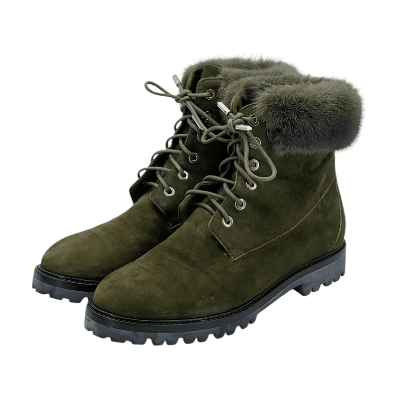Aquazzura Khaki Suede Lace Up Fur Boots 38 - 1