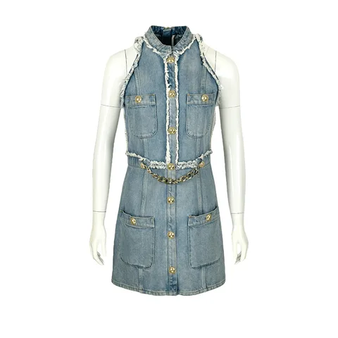 Balmain Chain Embellished Blue Denim Mini Dress 38 - 1
