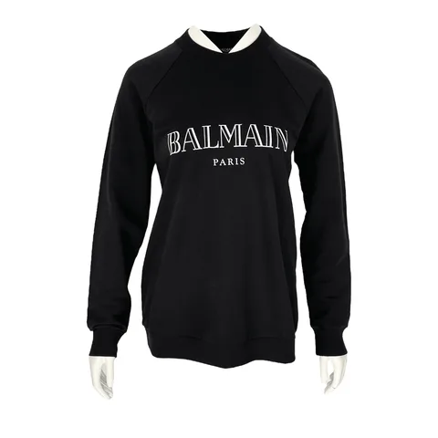 Balmain Black Cotton Long Sleeve White Glitter Logo Print Sweater 38 - 1