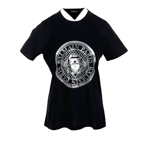 Balmain Black Cotton Silver Logo Print Tshirt M - 1