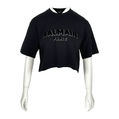 Balmain Black Gold Velvet Logo Embellished Cropped Tshirt S - 1