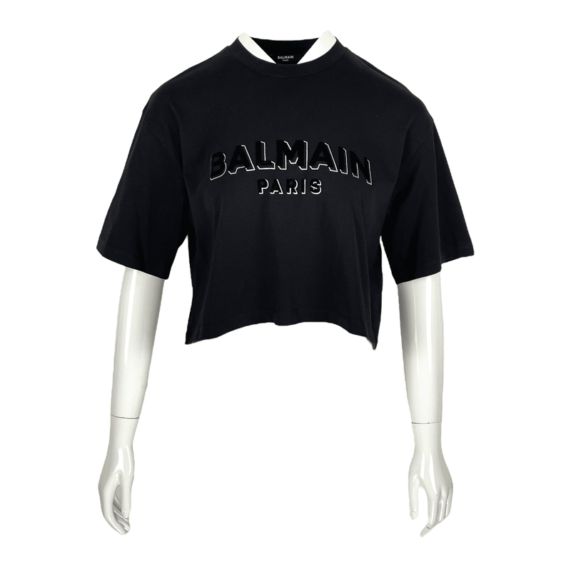 Balmain Black Gold Velvet Logo Embellished Cropped Tshirt S - 1