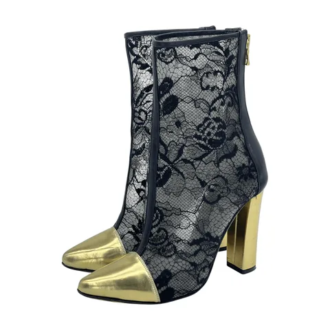 Balmain Black Gold Leather Lace Ankle Boots 36 - 1
