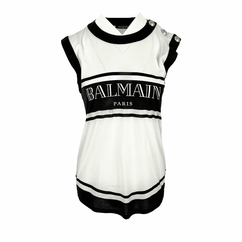 Balmain Black White Gold Button Sleeveless Tshirt 38 - 1