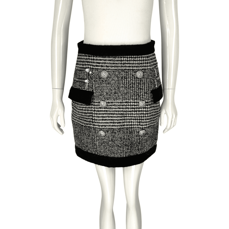 Balmain Black White Silver Button Wool Skirt 38 - 1
